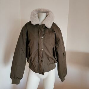 Brand New With Tags American Eagle Olive Bomber Jacket with Shearling Collar